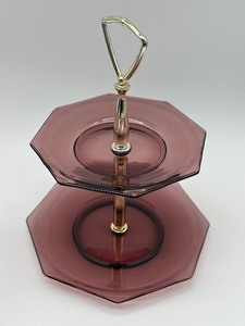 lot 119 image: Amethyst Glass Two Tiered Tid Bit Tray and Two Amethyst Glass Bowls