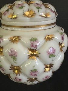 lot 53 image: Beautiful Consolidated Glass Company Charleston Hand Painted Quilted Milk Glass Biscuit  Beauty Jar