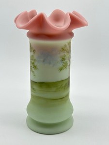 lot 56 image: Vintage 2002 Fenton FAGCA Burmese Hand Painted Vase
