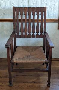 lot 52 image: Antique Wood Armchair with Rush Seat