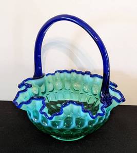 lot 320 image: Fenton Opalescent Ruffled Thumbprint Basket