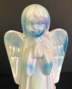 lot 410 image: Fenton Slag Glass Celeste Blue and Milk Glass Angel Figurine