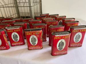 lot 455 image: Over 40 Vintage Prince Albert Tobacco Tins with Metal Crate