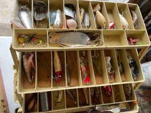 lot 461 image: Vintage Tackle Boxes with One Having Tackle and Spearing Decoys