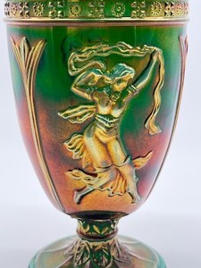 lot 53A image: Vintage Fenton Green Dancing Ladies Carnival Glass Urn Candy Jar