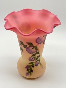 lot 200B image: Fenton Burmese Hand Painted Glass Vase
