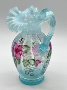 lot 278 image: Fenton Glass Light Blue Hand Painted Pitcher signed by Shelly Fenton