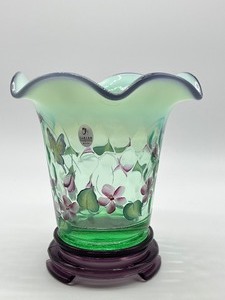 lot 277 image: Fenton Sea Green Opalescent Violet Crest Flip Irises Glass Hand Painted Vase