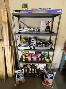 lot 63 image: Metal Shelf with Painting Supplies, Motor Oil, Coolant, Raid, and other Household Items