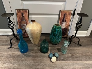lot 31 image: Wonderful Home Decor Lot with Stone Eggs, Vases, Candle Holders, and More
