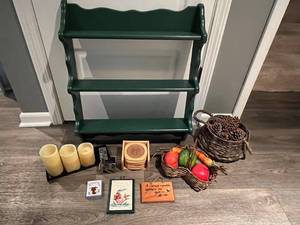 lot 37 image: Home Decor Lot - Green Shelf, Luma Candles, Coasters, and More