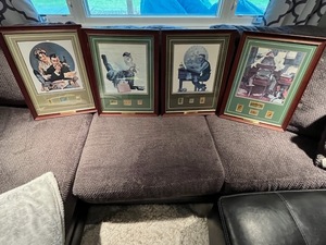 lot 51 image: Framed Collection of Norman Rockwell Art Prints with Stamps