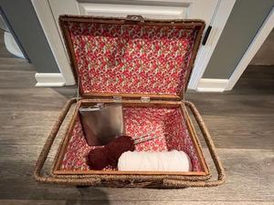 lot 60 image: Picnic Basket with Yarn and Oversized Flask