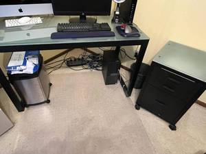 lot 197 image: Metal Framed Glass Top Office Desk with Rolling Filing Cabinet and Desk Lamp