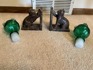 lot 220 image: Stone Cat Bookends with Glass Bottle Stoppers