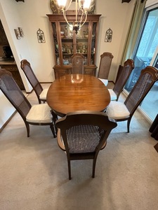 lot 239 image: Remarkable Oval Dining Room Table Set with 2 Table Leaves and 7 Chairs