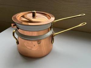 lot 248 image: Vintage Old Dutch Copper Brass Double Broiler with Ceramic Insert