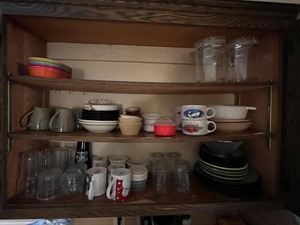 lot 261 image: Kitchen Cupboard Contents - Soup Bowls, glasses, cups, plates, and more