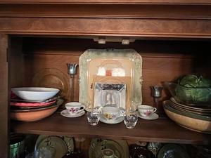 lot 271 image: Top Shelf Hutch Contents - Fine China, Serving Dishes, Plates, and More