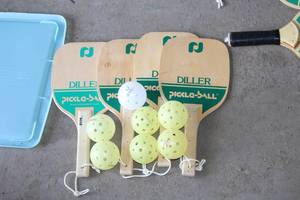 lot 525 image: (4) Diller Pickle Ball Paddles and (7) Pickle Balls