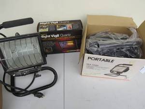 lot 42 image: 3 Piece Light Lot - 2 Portable Halogen Portable Work Lights and 1 Night Vigil Security Light Fixture