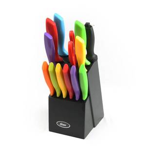lot 119 image: Brand New Oster 14-Pc. Stainless Steel Cutlery Set with Wood Storage Block ((MSRP $50.99))
