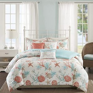 lot 267G image: Brand New Madison Park Pebble Beach 100% Cotton Duvet Set - Coastal, Starfish, Sealife Design, All Season, Breathable Comforter Cover Bedding, Matching Shams, Decorative Pillows, Coral King(104x92) 6 Piece