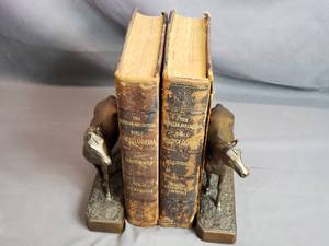lot 48 image: Vintage Bible Encyclopedia and Armor Bronze Horse Bookends