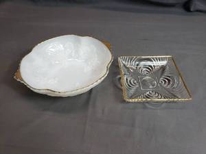 lot 71 image: Glass Bowls, Gold Rimmed Milk Glass and a Clear one.
