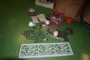lot 264 image: Assorted Home Goods -Wall Art, Fish Theme Stapler, Serving Trays, Vintage Oil Lamps