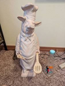 Chef Pig Statue And Glass Bottle