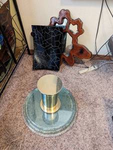 Large Vase, Glass Coffee Table, And Mirrored Wall Clock