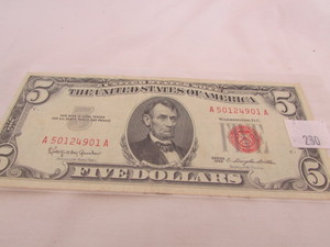 1963 Five Dollar Red Seal Note