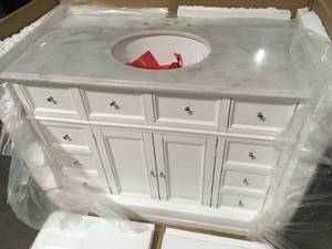 Hampton Harbor 44 in. W x 22 in. D Bath Vanity in White with Natural Marble Vanity Top in White by Home Decorators Collection   Customer Returnsn See Pictures