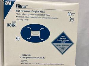 MSRP $200  8 Boxes (50Box) NEW 3M 1838R FILTRON HIGH PERFORMANCE SURGICAL MASKs, FOG-FREE, LEVEL 2 FLUID RESISTANT, PFE &gt99%, BFE &gt99% Plus 1 Case of&nbspCardinal Health Converters Astound Standard Surgical Gowns  Some Lab Coats&nbsp