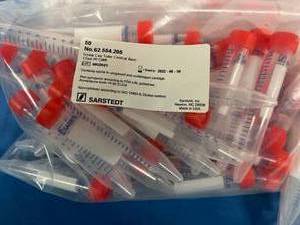 Lot of 10 Bags&nbsp15ml Bagged PP Sarstedt Conical Tubes, Non-Sterile wRed Screwcap &amp Printed&nbspExpiration 622