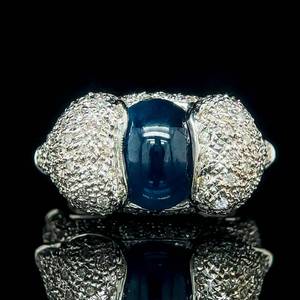 3.60 Carat Oval Cabochon Natural Blue Sapphire & Diamond Pave Modern Statement Ring in 18k White Gold $9,000 Retail VIDEO