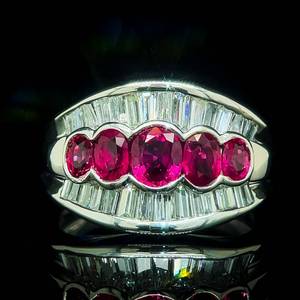 2.57 Carat Natural Ruby & Diamond Tapered Baguette Triple Row Ring in Platinum $9,750 Retail VIDEO