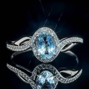 Natural Aquamarine & Diamond Oval Halo Curved Bypass Split Ring in 14k White Gold $1,999 Retail
