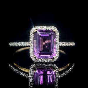 1.80 Carat Emerald Cut Amethyst Solitaire & Diamond Halo Cluster Ring in 14k Yellow Gold $1,899 Retail
