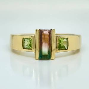 NEW Watermelon Tourmaline & Peridot Three-Stone Modern Artistic Ring in 14k Yellow Gold $2,150 Retail