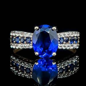 GORGEOUS Oval Blue Sapphire & White Sapphire Triple Row Engagement Ring in Yellow Gold $1,899 Retail