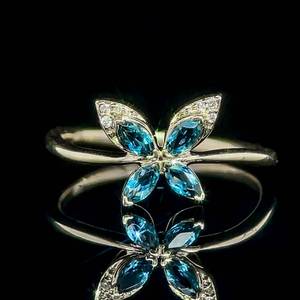 0.36ct Marquise Blue Topaz & Diamond Pave Butterfly Ring in Yellow Gold $1299 Retail