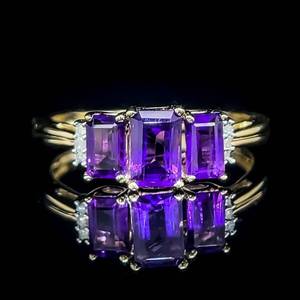 Amethyst & Diamond Three-Stone Cluster Scalloped Ring in Yellow Gold $1250 Retail