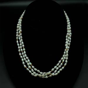 White Cultured Pearl Triple-Strand Necklace w 14k Yellow Gold Asian Symbol Clasp & Shiny Spacer Beads
