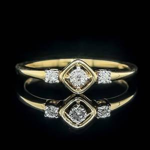 NEW Diamond Three-Stone Dainty Square Halo Ring in Yellow Gold $1,799 Retail