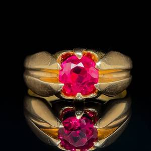 Impressive 14k Yellow Gold Gents Solitaire Ring 5.25 Grams with Simulated Ruby, $1195 Retail
