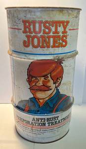 lot 13 image: Vintage Rusty Jones Advertisement Metal Drum 27 Tall