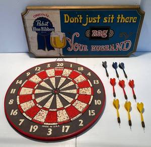 lot 24 image: Vintage Wooden Pabst Blue Ribbon Beer Sign And Halex Dart Board