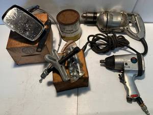 lot 110 image: Group Of Vintage Items Including Power Drill, 1970s Ford Side Mirror Kit , Wheel Puller And More